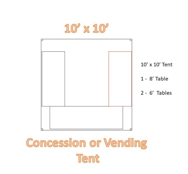 Diagram of a 10x10 feet Frame tent with concession tables