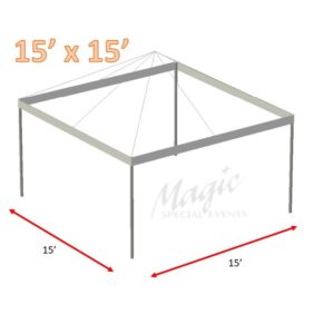 Diagram of a 15' x 15' feet frame tent with dimensions