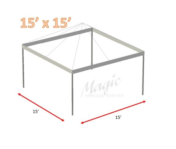 Diagram of a 15' x 15' feet frame tent with dimensions