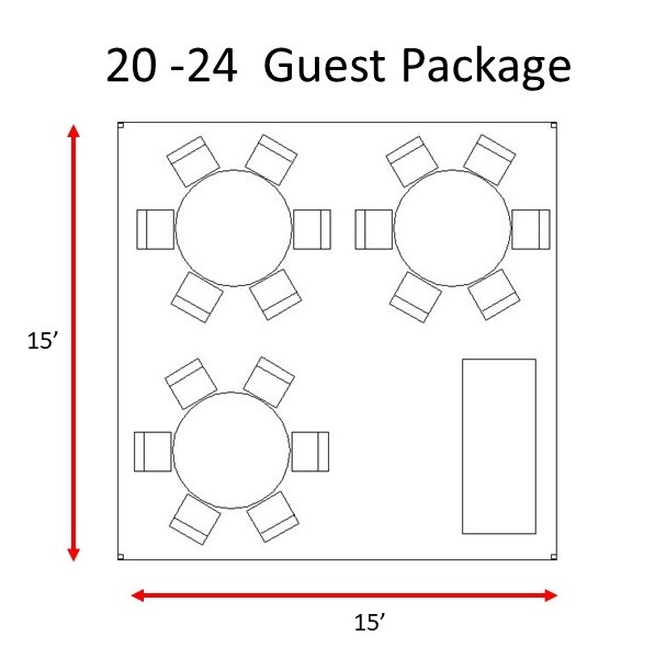 Diagram of a 15'x15' feet frame with guest seating