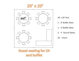 Rendering of a 20'x20' Frame Tent with Seating arrangement for 30 guests