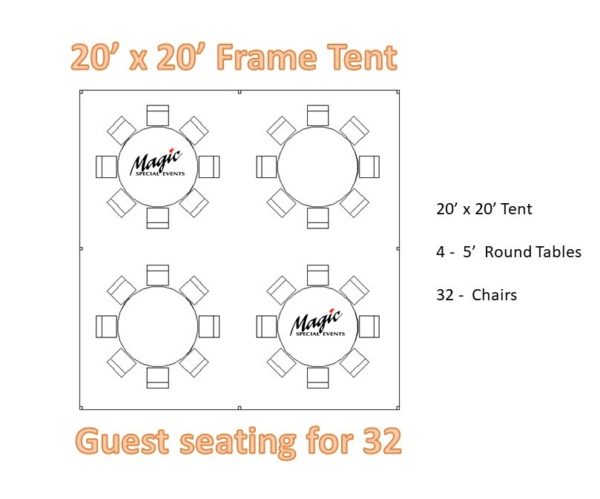 Rendering of a 20'x20' Frame Tent with Seating arrangement for 30 guests