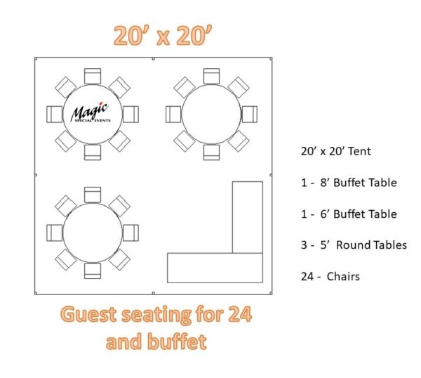 Rendering of a 20'x20' Frame Tent with Seating arrangement for 30 guests