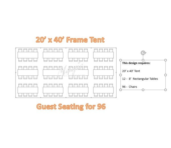 3D Diagram of a 20'x40' Frame Tent for Party Rentals showing table seating for 96 guests
