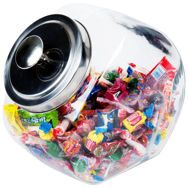 Glass Candy Jar with Chrome Metal Lid filled with assorted candy