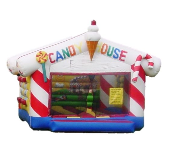 photo of an inflatable bouncer with a Candyland House theme