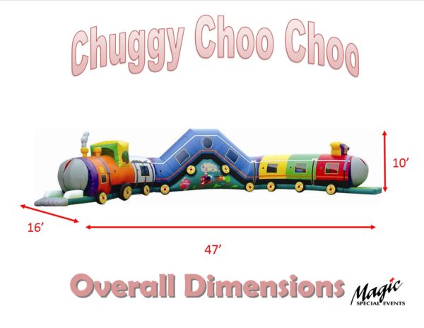 photo indicating measurements of an Inflatable Kiddie Amusement Ride shaped like a Choo choo train