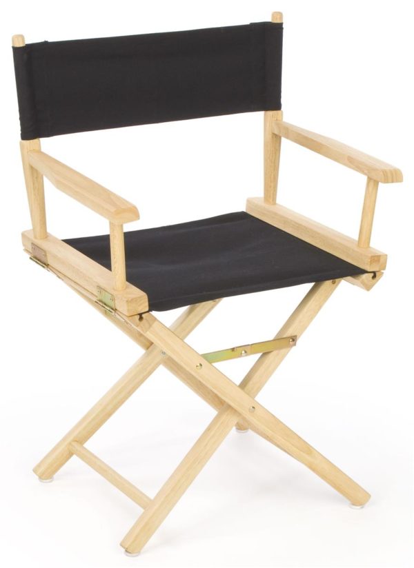 Photo of a folding directors chair the frame is made of wood and has a canvas back and seat