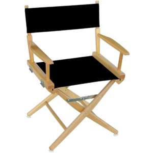 Photo of a folding directors chair the frame is made of wood and has a canvas back and seat