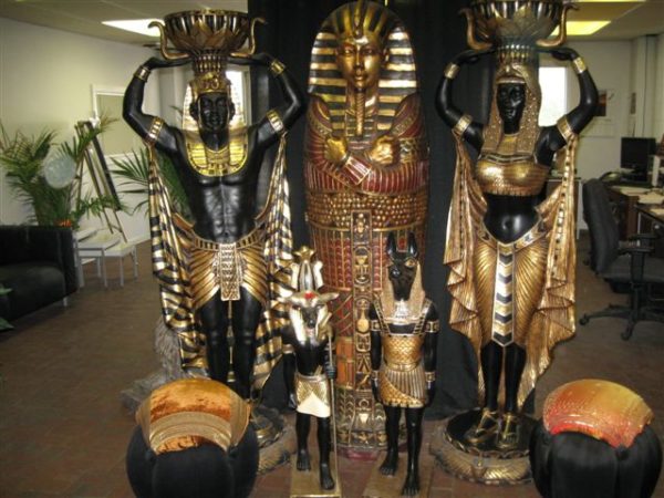 Photo of various Egyptian statue props for party rentals