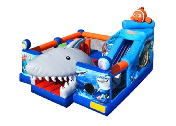 Inflatable amusement ride with giant shark and Finding Nemo Movie Theme