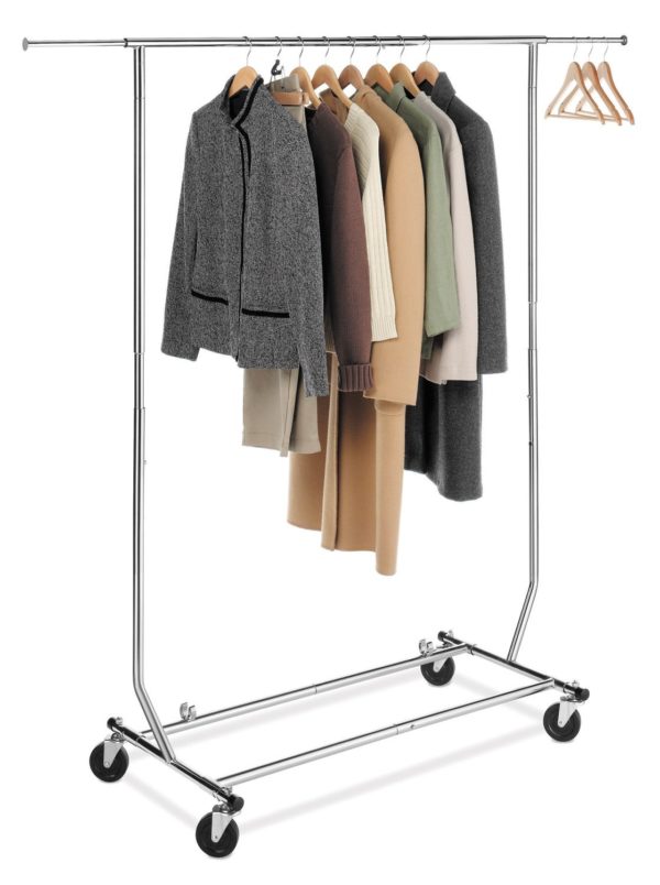 Folding chrome metal clothes rack shown with coats
