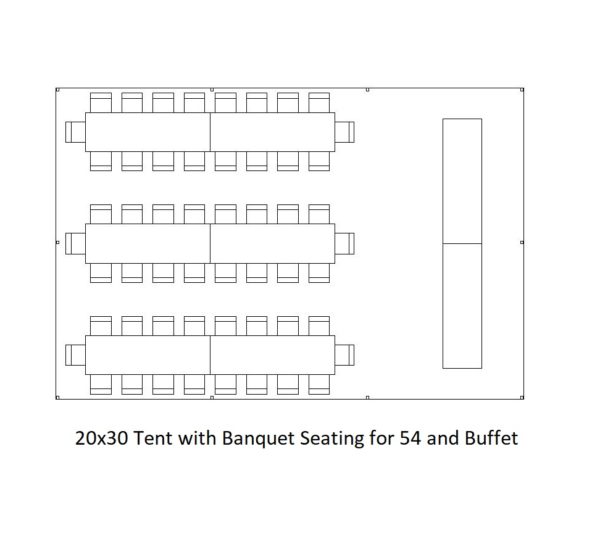 3D Diagram of a 20'x30' Frame Tent for Party Rentals showing table seating for 54 guests