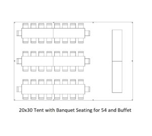 Diagram and Seating Chart of a 20x30 Frame Tent with Rectangular Table Seating for 54 guests