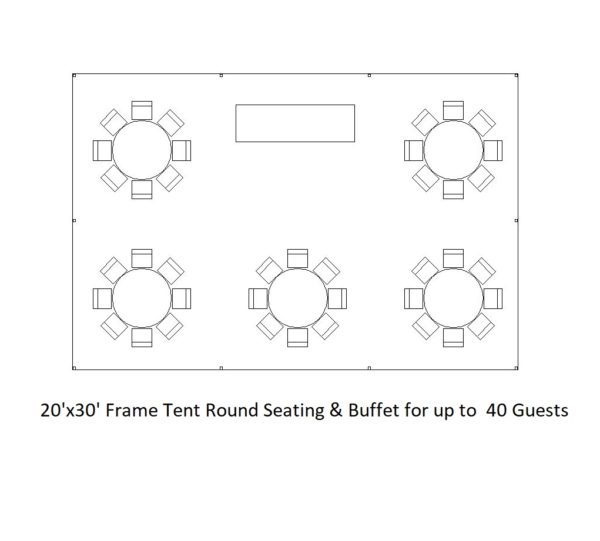 3D Diagram of a 20'x30' Frame Tent for Party Rentals showing table seating for 40 guests
