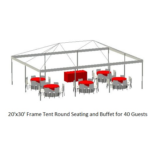 3D Diagram of a 20'x30' Frame Tent for Party Rentals showing table seating for 40 guests