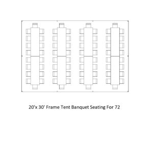 Diagram and Seating Chart of a 20x30 Frame Tent with Rectangular Table Seating for 72 guests great for party rentals and corporate special events