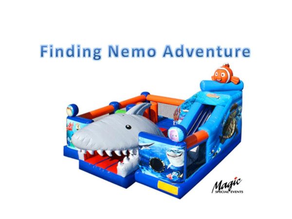 Inflatable amusement ride with giant shark and Finding Nemo Movie Theme