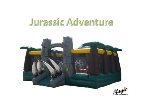 Front view of inflatable amusement ride for children with a dinosaur or Jurassic Theme