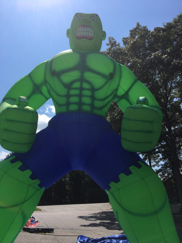 Photo of a cold air inflatable balloon that looks like the incredible hulk