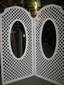 Ornate Diamond White Lattice with Curved Top and Oval Window for Party Rentals and Corporate Special events
