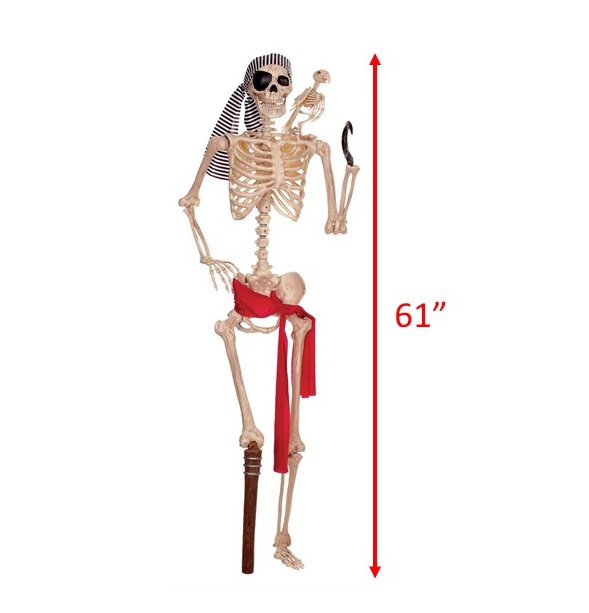 Lifesize Poseable Peg Leg Pirate Skeleton Prop with dimensions