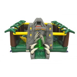 Front view of inflatable amusement ride for children with a dinosaur or Jurassic Theme