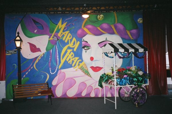 Backdrop of New Orleans style Mardi Gras Masks for Party Rentals