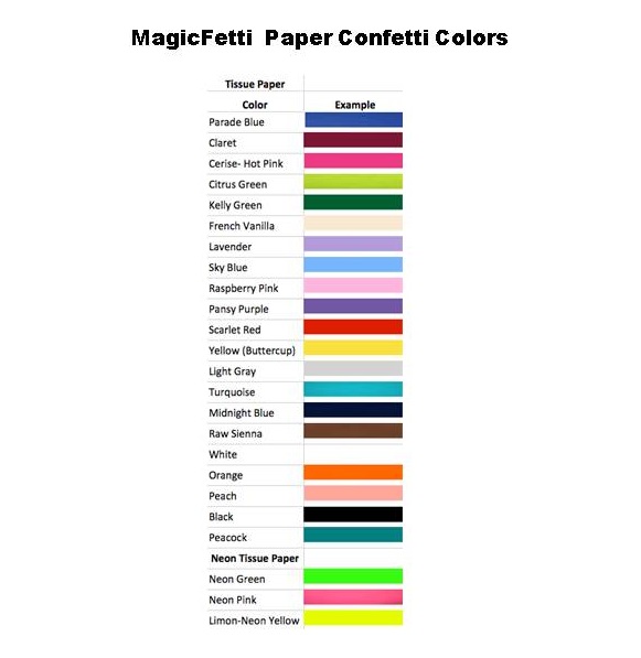 Color chart of confetti and streamers