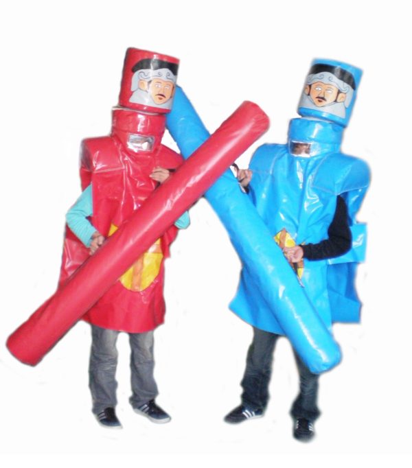 Photo of two contestants trying to knock the costume head off of their opponent with padded jousting sticks
