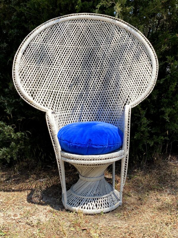 White Wicker Chair with a Fan back and blue cushion