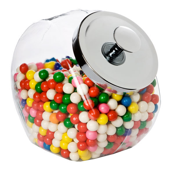 Glass Candy Jar with Chrome Metal Lid filled with gumballs