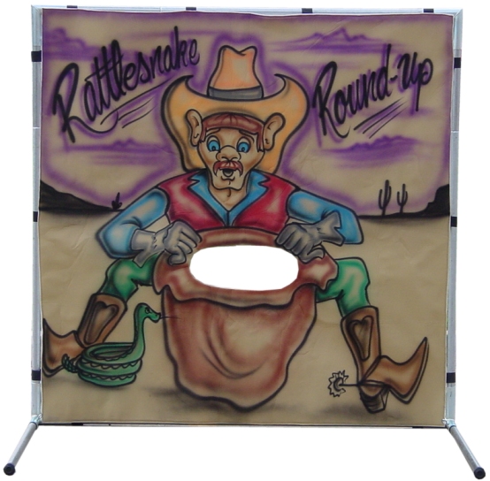 Carnival Game with a cowboy holding a sack to catch rubber rattle snakes