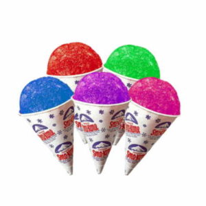 Photo of 5 snow cone cups one of each of the following flavors cherry grape blue raspberry lime and grape