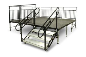 Three 3 step adjustable stage or platform steps and handrails for party rentals