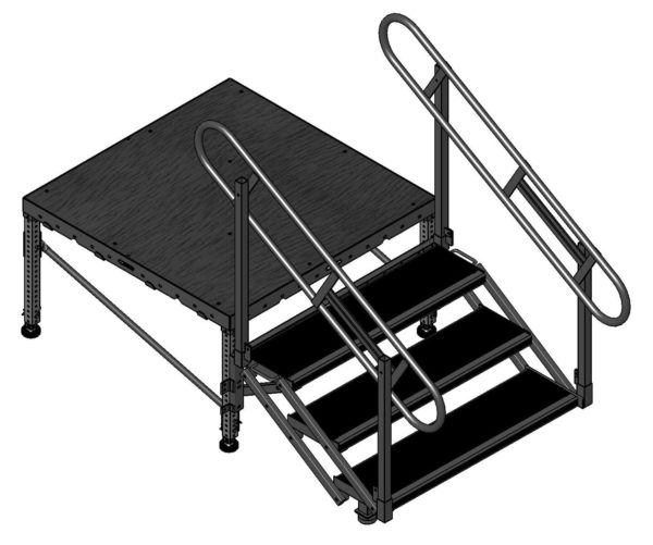 Three 3 step adjustable stairs with handrails for platforms or stages