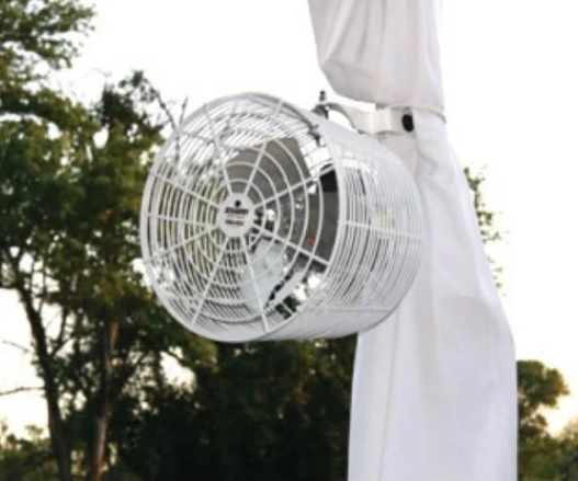 White tent fan for circulating cooling air