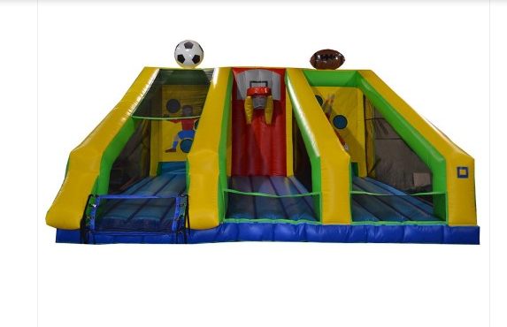 Photo of an an inflatable sports game that features basketball, football and soccer