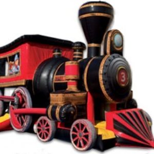 Photo of an Inflatable Amusement Bouncer shaped like an old steam train locomotive