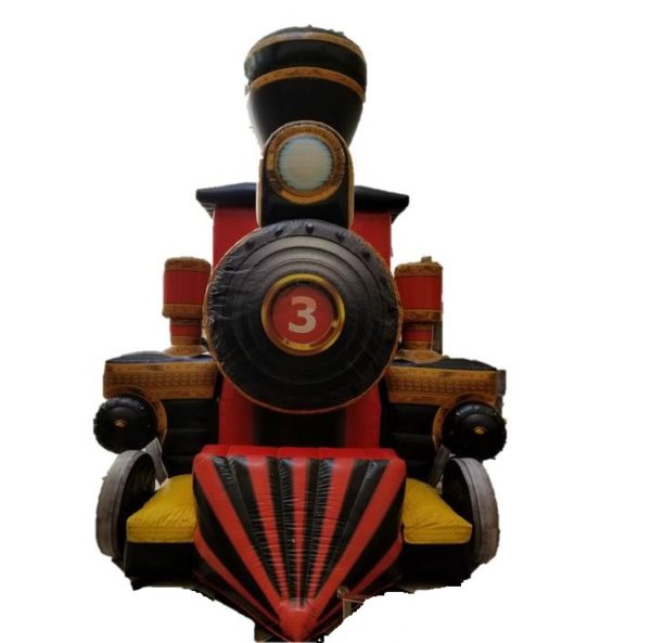 Photo of an Inflatable Amusement Bouncer shaped like an old steam train locomotive from the front