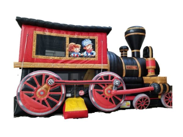 Photo of an Inflatable Amusement Bouncer shaped like an old steam train locomotive