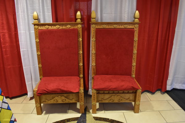 Ornate Wood King Throne Chairs with Red Velvet Cushions