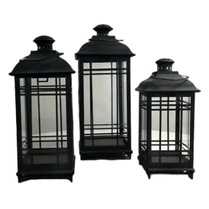 Weathered Black Metal Lantern Three Piece Set for Party Rentals and Corporate Special Events Hires