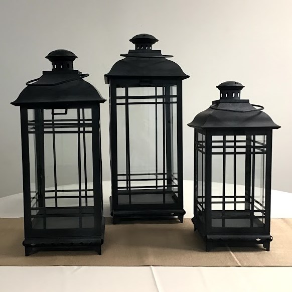 Weathered Black Metal Lantern Three Piece Set for Party Rentals and Corporate Special Events Hires