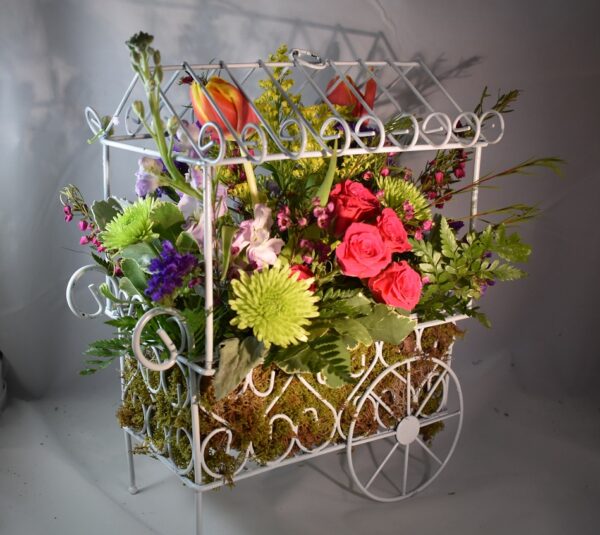 Mini White Wire Flower Cart with Flowers for a table centerpiece