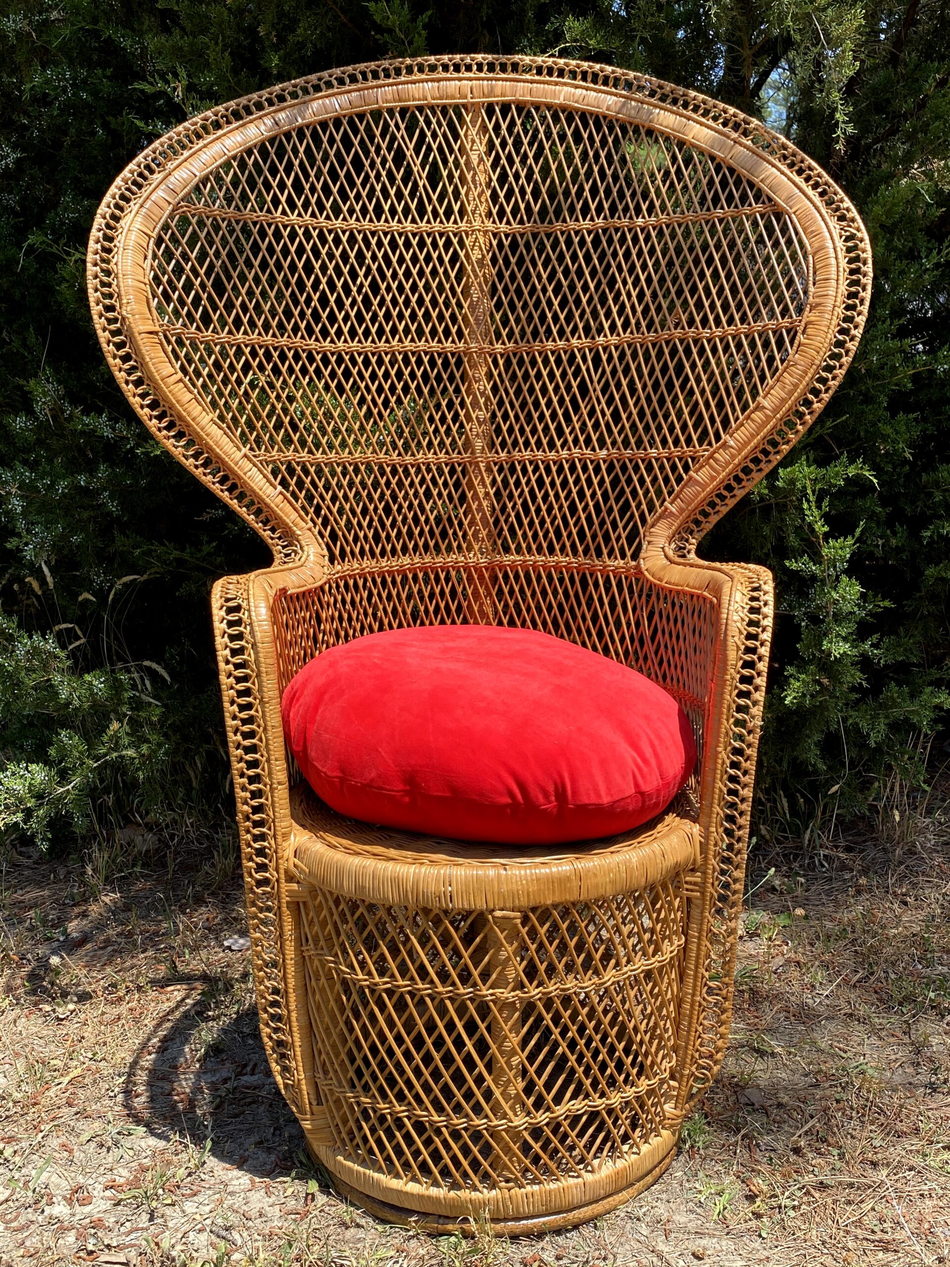 Peacock Chair Brown Wicker Red Cushion